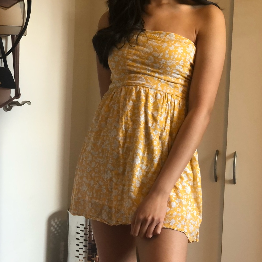 Yellow, Strapless Dress With Floral Print